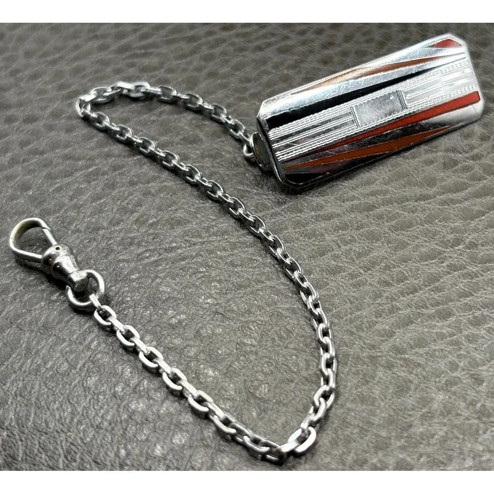 Vintage Art Deco Red Black Enamel Belt Watch Chain Dog Clip Silver Tone